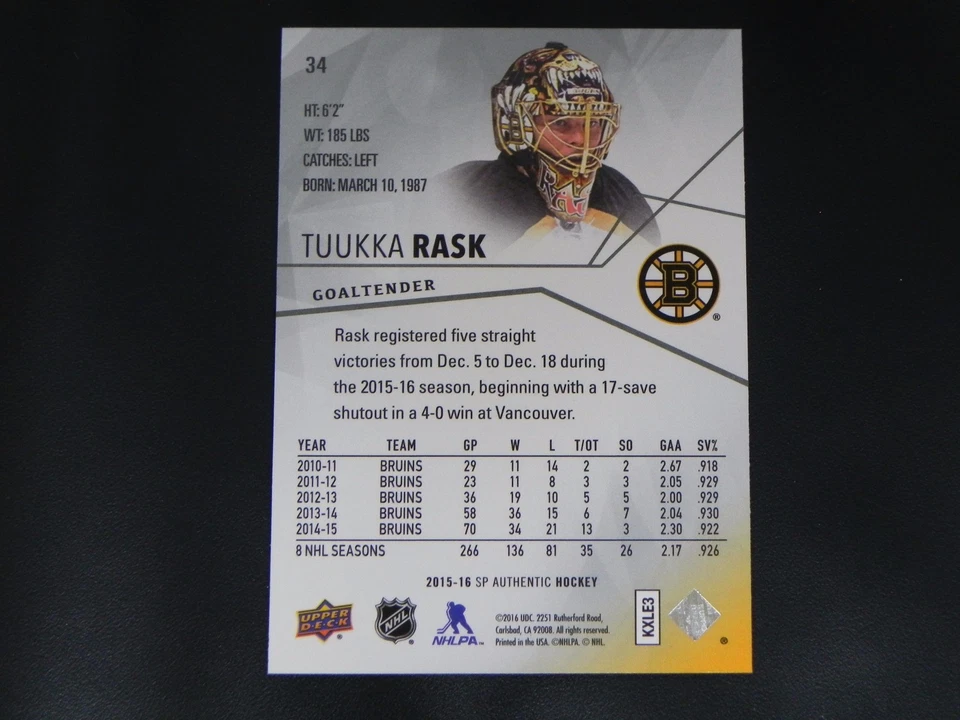 2015-16 SP Authentic Base Card #34 Tuukka Rask Boston Bruins - Image 2 of 2
