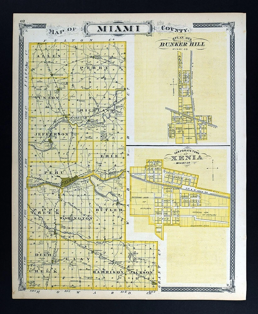 1876 Indiana Map Miami County Peru Xenia Bunker Hill Mexico