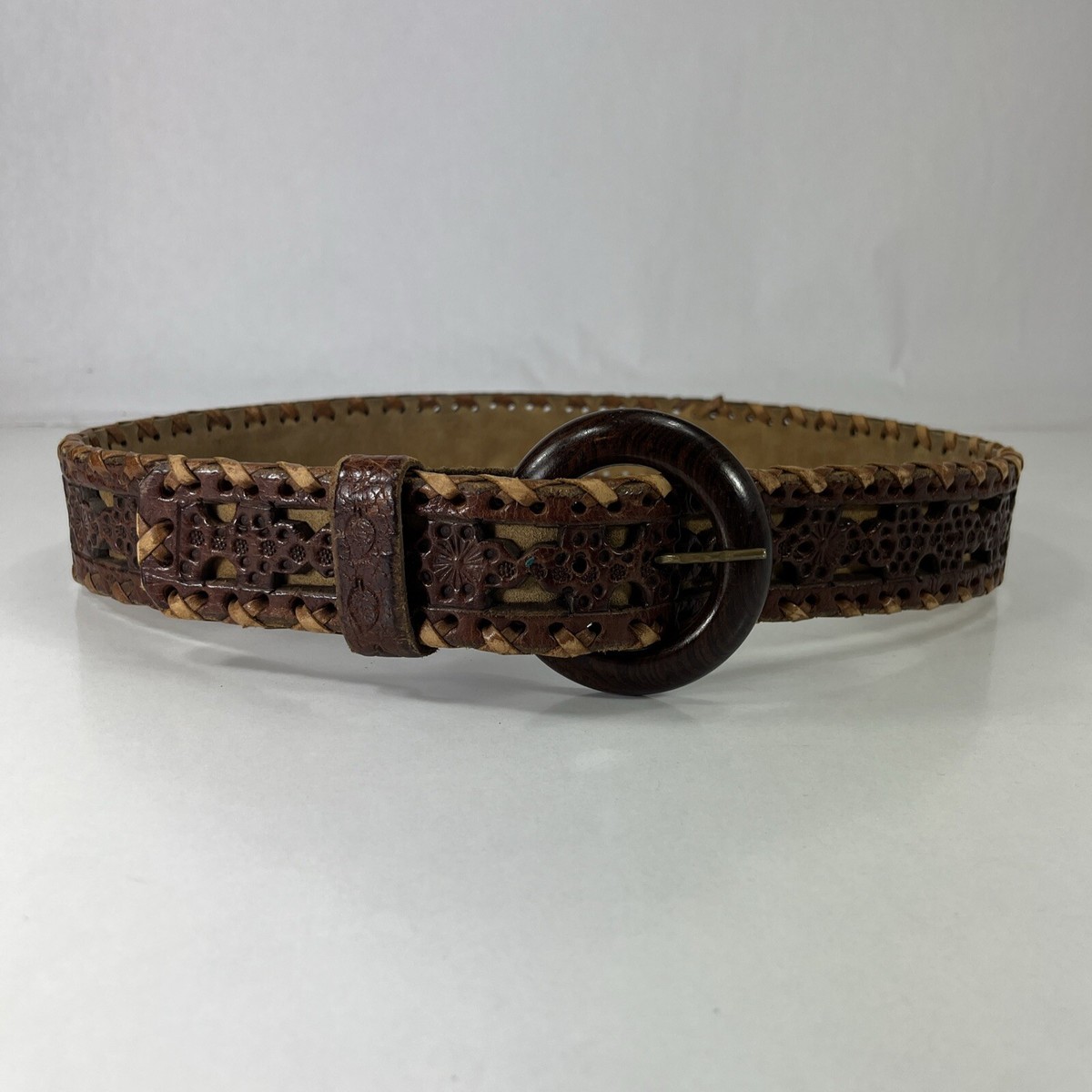 Wide Brown Laced Craved Brown Leather Belt Handmade in Mexico Womens  Size 32