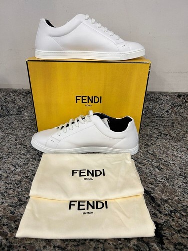 Fendi White Leather Low Top Fendi Logo Print Blue SZ 11 Sneakers - SAL 325571 - Picture 4 of 11