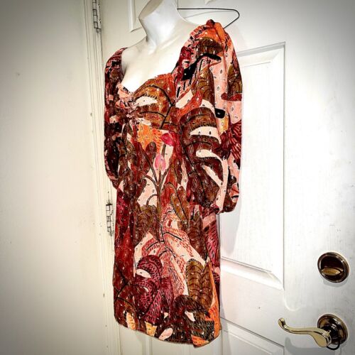 Kourt Eyelet Smocked Mini Empire Waist Pockets 3/4 Slv S Tropical Print Fall NWT - Picture 2 of 9