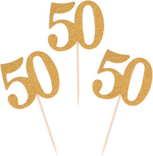 50pcs 50th Cupcake Toppers Gold Glitter Number 50 Cake
