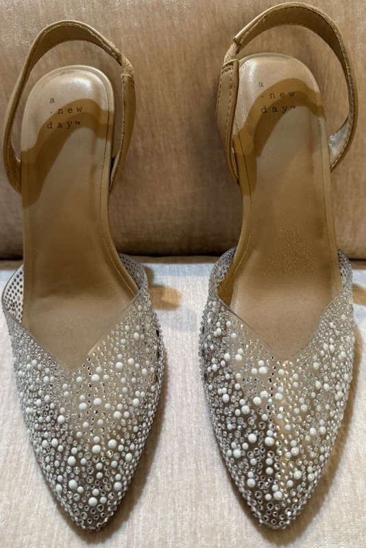 A New Day Isabel Women's Clear Rhinestone Mesh Slingback Heels US Size 6/12 