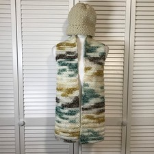 NWT Handmade Crocheted Beige Multicolor Textured Beanie Scarf 57