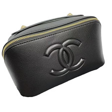 Chanel Large Cosmetic Makeup Bag Black Leather Finish With Golden Zip Brand New