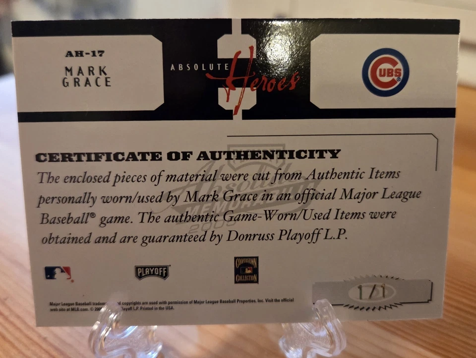 2005 Absolute Memorabilia Heroes Auto Swatch Triple Spectrum Mark Grace 1 of 1 - Image 2 of 3