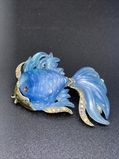 Hattie Carnegie Vintage Lucite Fish Brooch Rhinestone Accents Blue and Gold MCM
