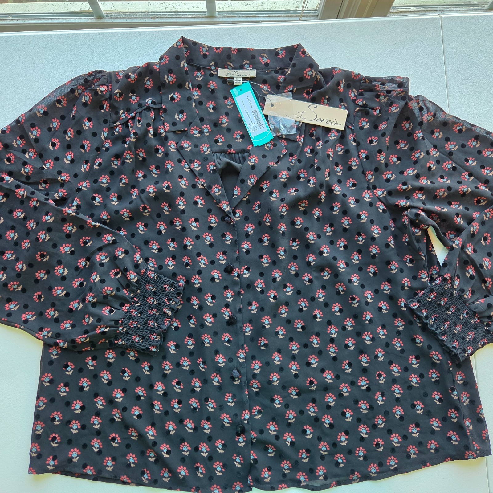 Les Serein  Women's Black Floral Velvet Dot Blouse  XL  Sheer Lined LS Smocked