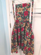 Vintage Handmade Christmas Apron Poinsettias Red, Green, Gold With Eylet Trim
