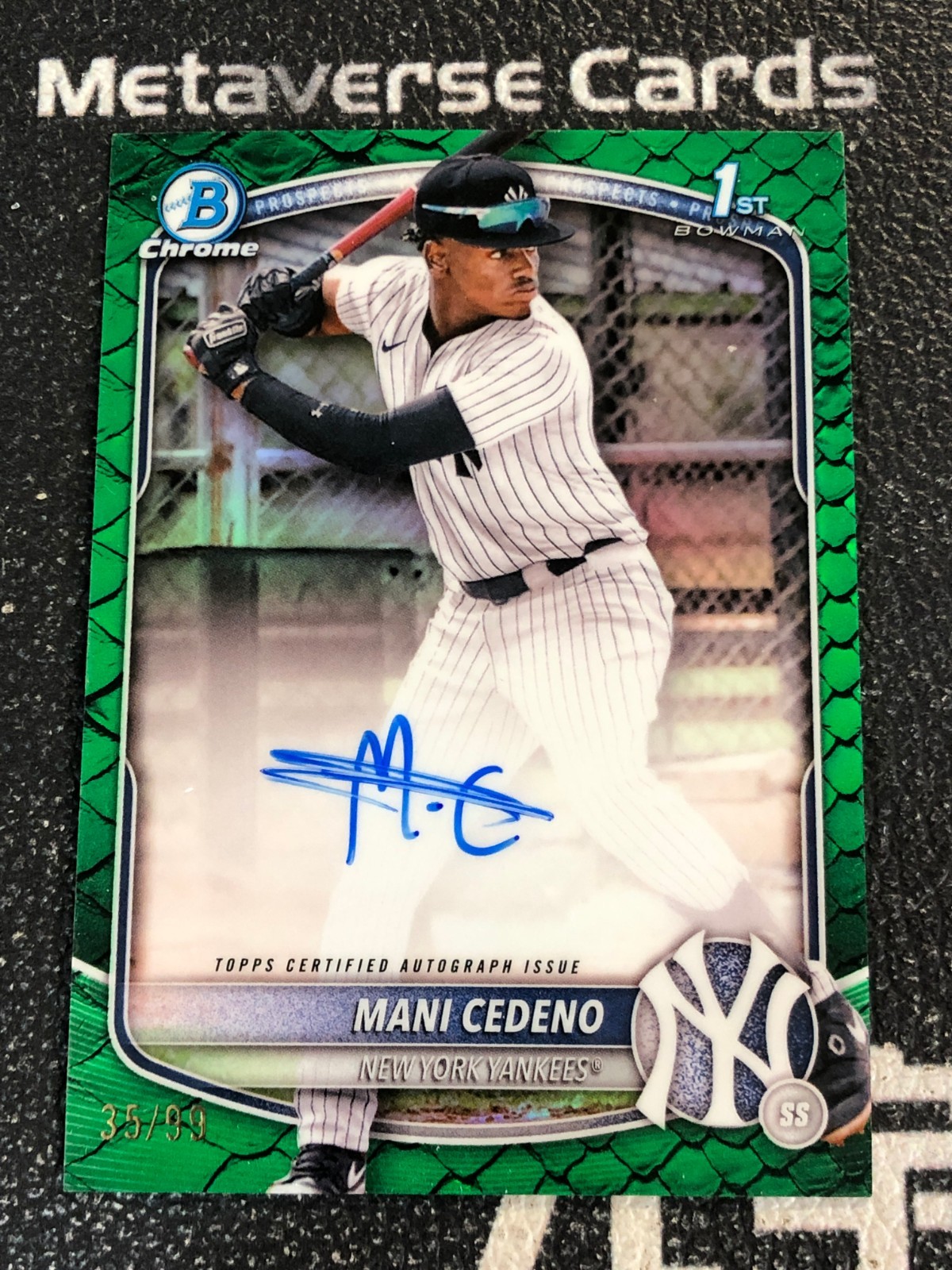 2025 Bowman Chrome Mani Cedeno 1st Green Reptilian Refractor Auto /99 Yankees
