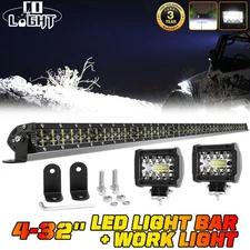 Dual 32" LED Light Bar Straight Driving Offroad Flood Spot Combo+4" Work Lights