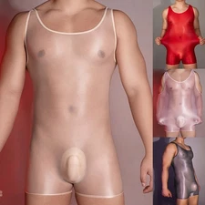 Shiny Sleeveless Bodysuit for Men Stretchy High Elastic Swimwear Lingerie