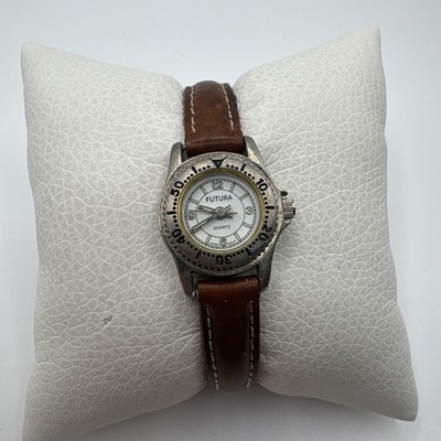 Futura Watch Womens Light Stainless Steel Silver Leather Brown White Quartz
