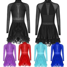 Women Dress Latin Skirt Skating Dancewear Rumba Long Sleeve Stage Shiny Jazz