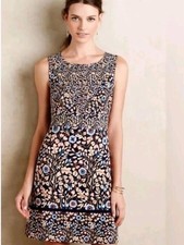 Anthropologie Maeve Floral Fit & Flare Dress Size 4 Navy Boho Sleeveless Zip