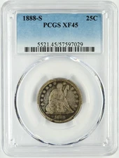 1888-S SEATED LIBERTY SILVER QUARTER 25C PCGS XF 45