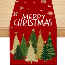 Christmas Table Runner, Trees Snowflakes Merry Christmas Runner for Table Season
