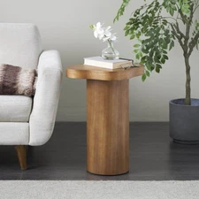 15"Brown Pedestal Large Round Wood End Table w/Rounded Square Top