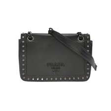 AUTH Prada Black Leather Studded Edge Bag Embossed Logo Chain Shoulder Strap