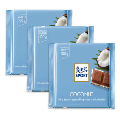 Ritter Sport Kokos / Coconut 3 Bars Each 100G - Fresh From Germany