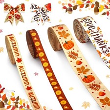 4 Rolls Fall Ribbon 3/8 Inch Grosgrain Satin Pumpkin Maple Leaves Orange DIY