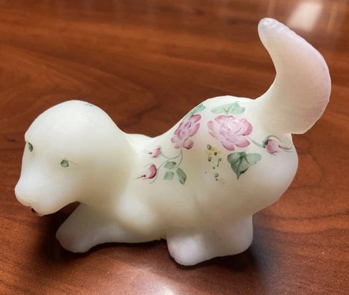 Fenton White Satin Rose Garden Puppy Dog Figurine - Truly Delightful!