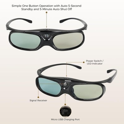 3D Glasses Projector DLP Link 144Hz Active Rechargeable 2 Pack Wireless High