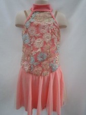 Peach Pink Lyrical Dance Costume Blue Gold Flower Lace Medium Child MC EUC