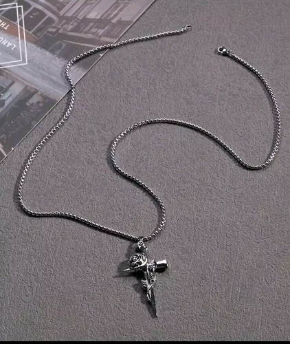 Rosa Kreuzkette mit Dornen Kette aus Edelstahl modern lässig - Bild 2 von 5
