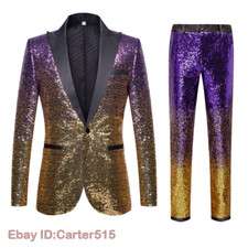 2PCS Mens Sequins Suits Colorful Shiny Notch Lapel Solid Prom Tuxedo Coat Pants