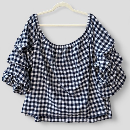 Top corto de guinga Lane Bryant a cuadros azul marino con volantes manga globo talla 26/28 - Imagen 2 de 7