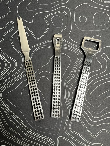 Playboy 3 Piece Stainless Steel Bar Set Checkered Steel Over Teak Wood- Used