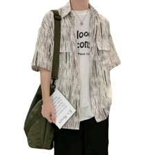 Men Vertical Striped Shirt Top Casual Loose Tops Spread Collared Blouse Summer