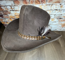 Vintage Studs Western Cowboy Hat Brown Leather Braided Band Feather Medium Suede