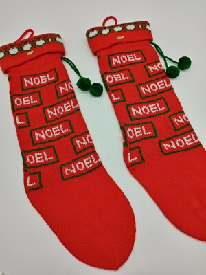 Vintage Knit Christmas Stockings Noel Tassels Set Of 2 Retro Holiday Decor 80's