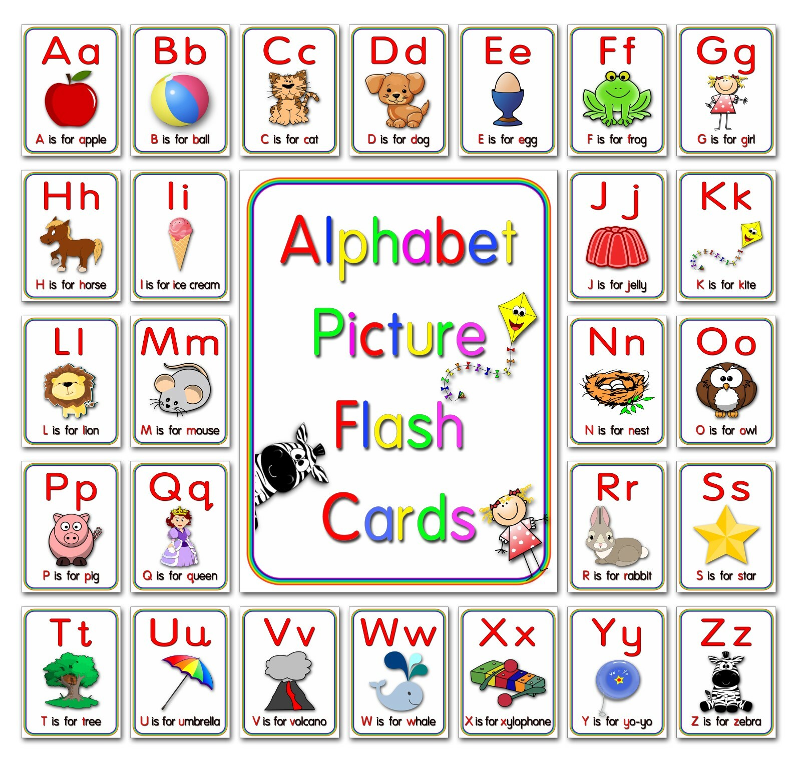 Alphabet flash cards picture ABC colour EYFS preschool early year SEN