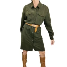 Vintage Volage Canada green military style long sleeve shift shirt dress 11