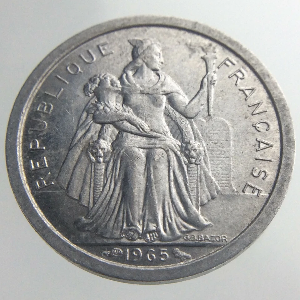 1965 French Polynesia One 1 Franc Aluminum KM 2 Seated Liberty Island Coin U236 - Image 4 of 4