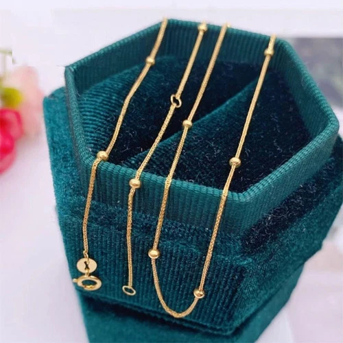 Pure 18K Yellow Gold Chain Women Lucky Wheat Beads Link Necklace 17.7inch - Picture 4 of 6