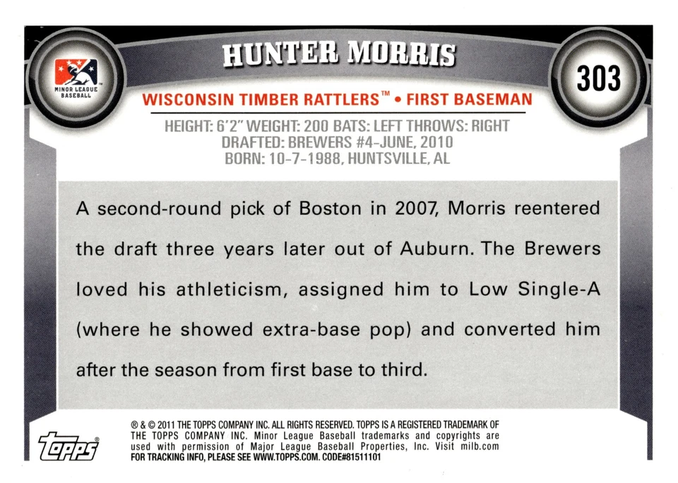 Hunter Morris - Signed 2011 Topps Pro Debut Rookie Card #303 - Image 2 of 2