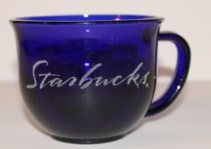STARBUCKS COBALT BLUE Glass Coffee Mug-16 Oz-Sparkly Script Writing | eBay
