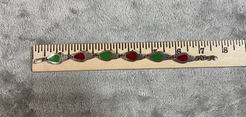 Vintage 925 Sterling Silver Mexico Red & Green Stone 7” Bracelet - Picture 9 of 12