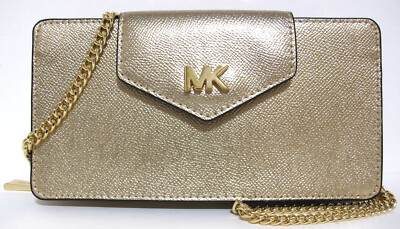 NWT Auth. MICHAEL KORS Gold Metallic Leather Crossbody Wallet on Chain Pale Gold
