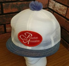 Vtg K-Brand Production Credit Association Denim Snapback Pom Pom Trucker Hat NOS