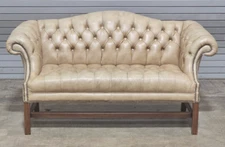 Classic Leather Tufted Tan Leather Settee Chippendale Williamsburg Style