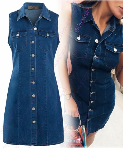 Womens Denim Dress Stretch Sleeveless 