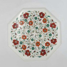 15" White Marble Table Top semi precious stone Inlay Handmade Work Home Decor