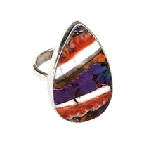 Large Orange Spiny Oyster and Turquoise Sterling Silver Adjustable Ring