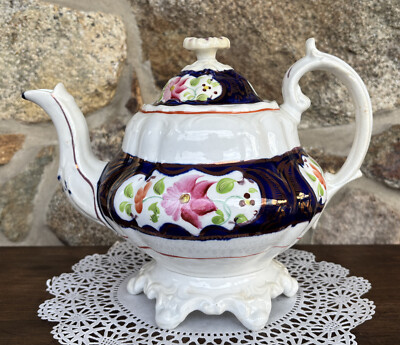 Victorian Mid-19th C Gaudy Welsh Teapot - ''Floret'' Pattern - Cobalt/Pink/Gold