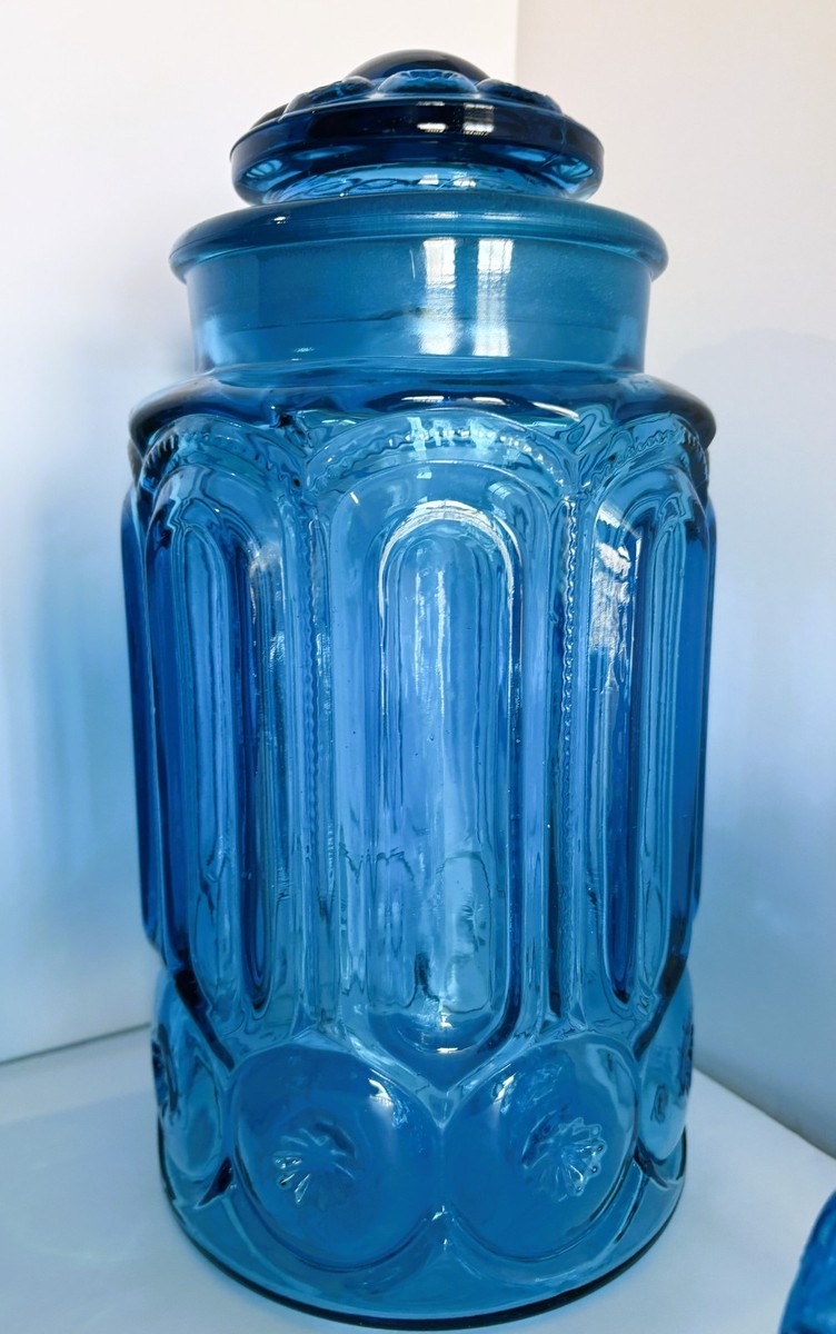Vintage LE Smith Moon & Stars Colonial Blue Glass 4 Pcs. Canister